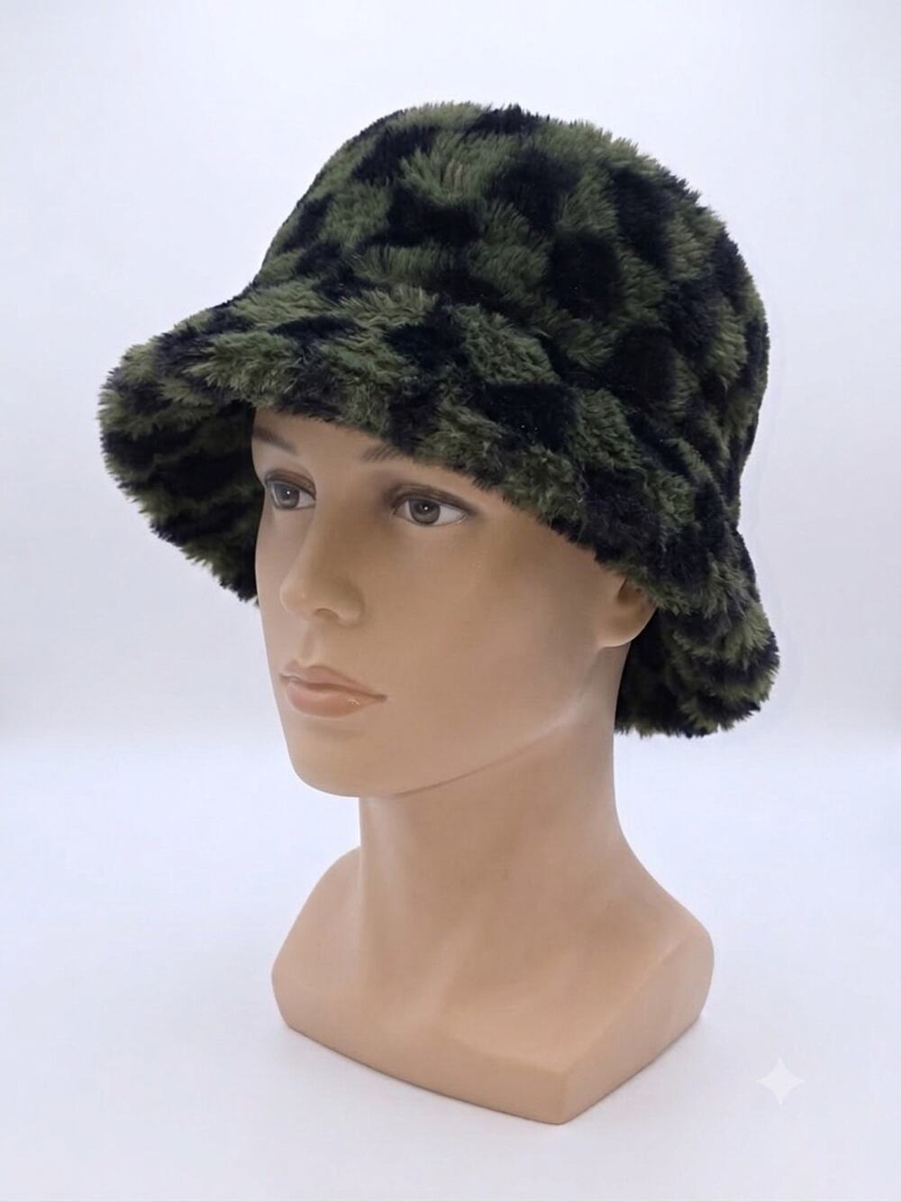 Wild Fable Green Black Faux Fur Bucket Hat Cheetah Leopard Print